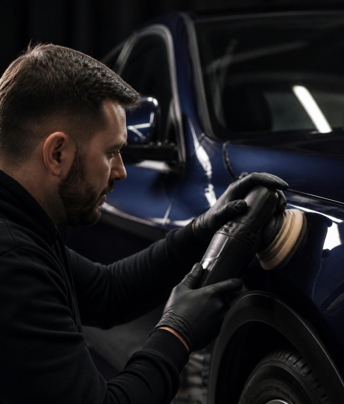 Apex technician machine polishing the fender of a dark blue car during paint correction