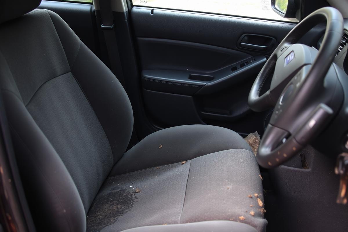 Stained and dusty car interior seats before interior detailing