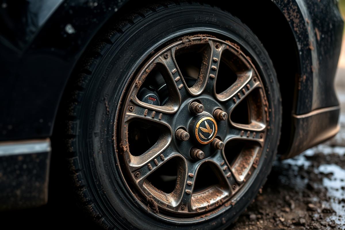 Dirty alloy wheel covered in brake dust and road grime before exterior detailing