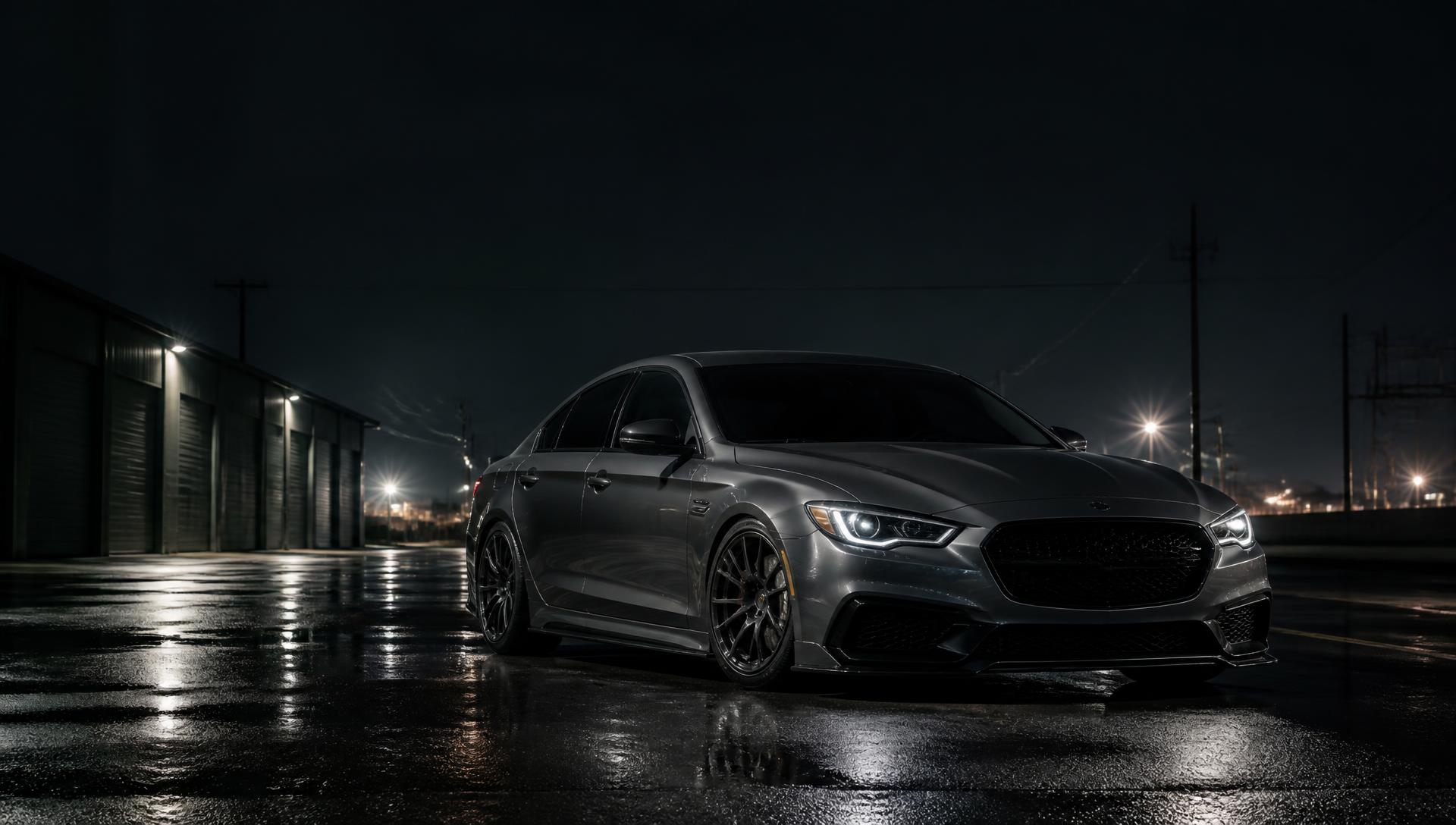 Grey performance sedan with a glossy protected finish on wet pavement at night