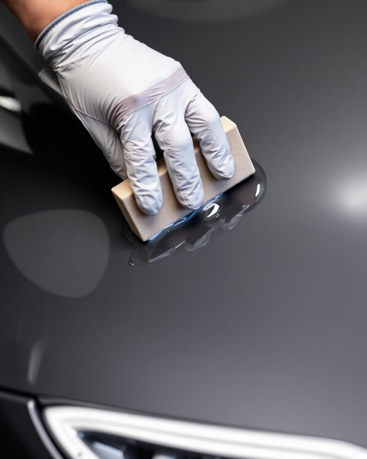 Ceramic coating applied by hand to grey car paint