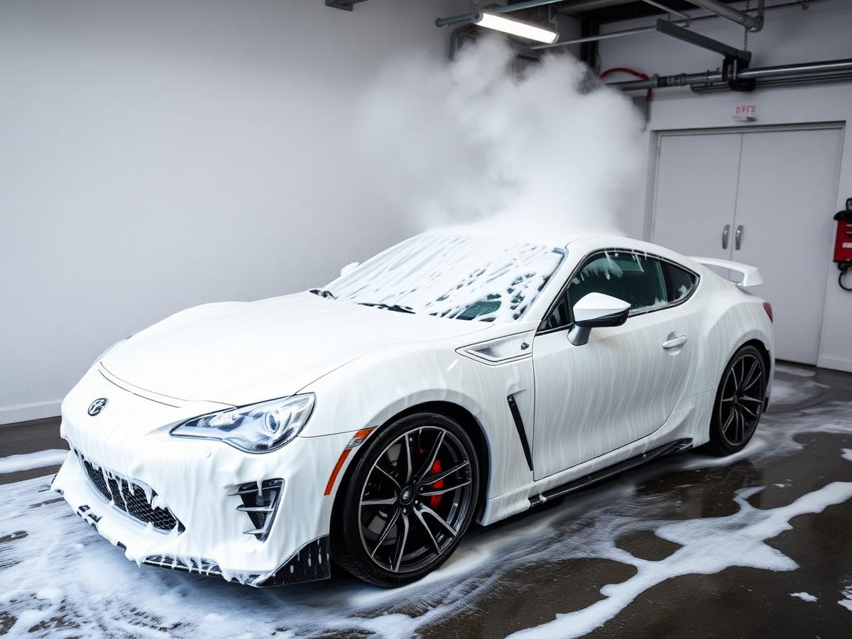 White sports car covered in foam during a decontamination prewash
